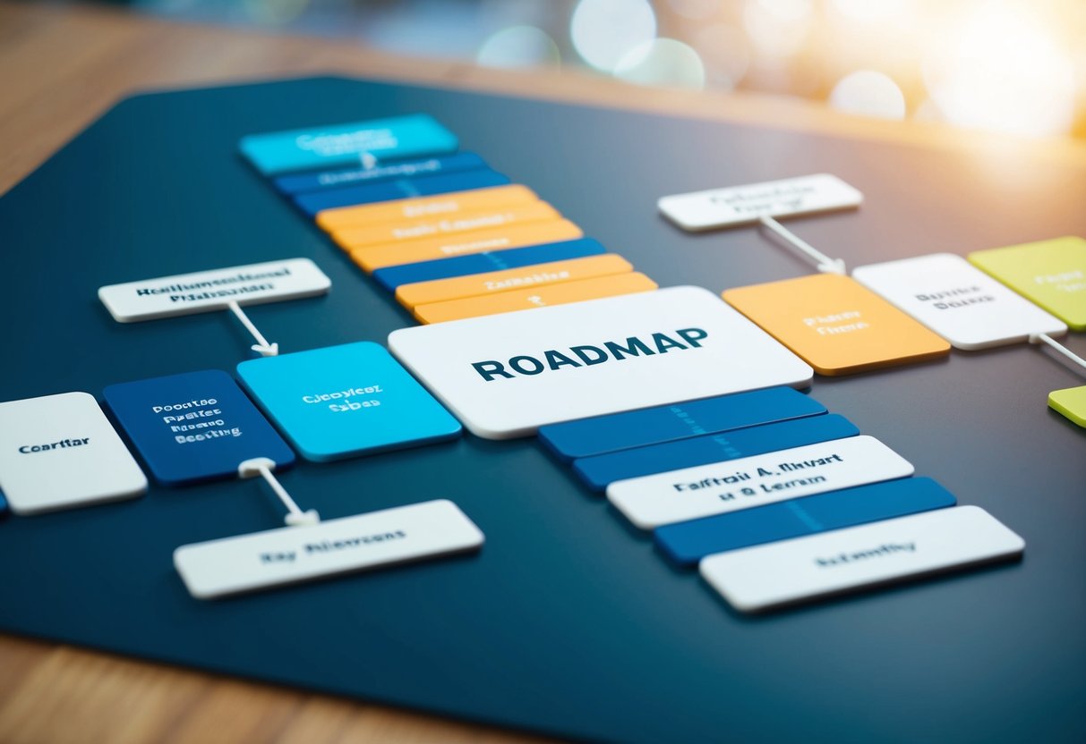 A roadmap with key milestones and tasks arranged in a clear, linear progression. Color-coded sections represent different roles and responsibilities