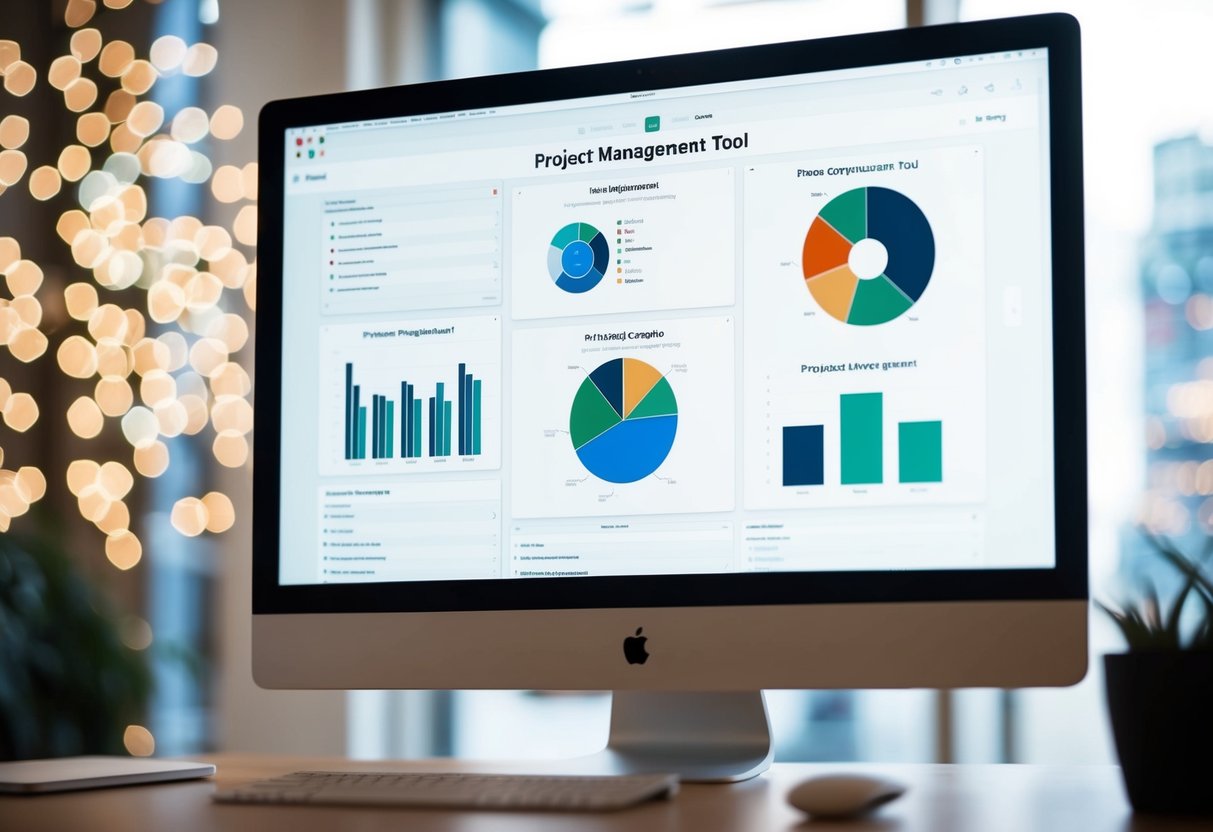 A Mac computer screen displaying a project management tool with various charts and graphs