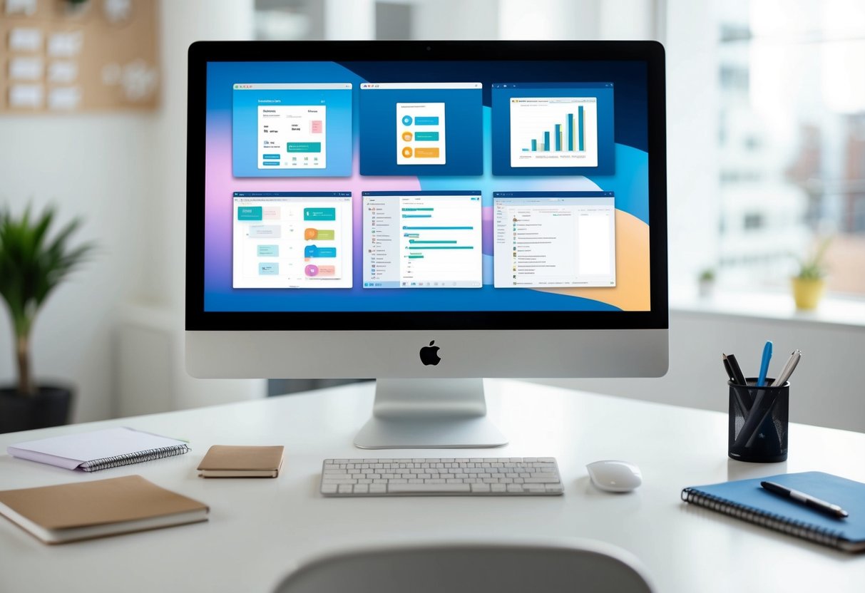 A Mac computer with various project management software open on the screen, surrounded by a clean and organized workspace with a notepad and pen nearby