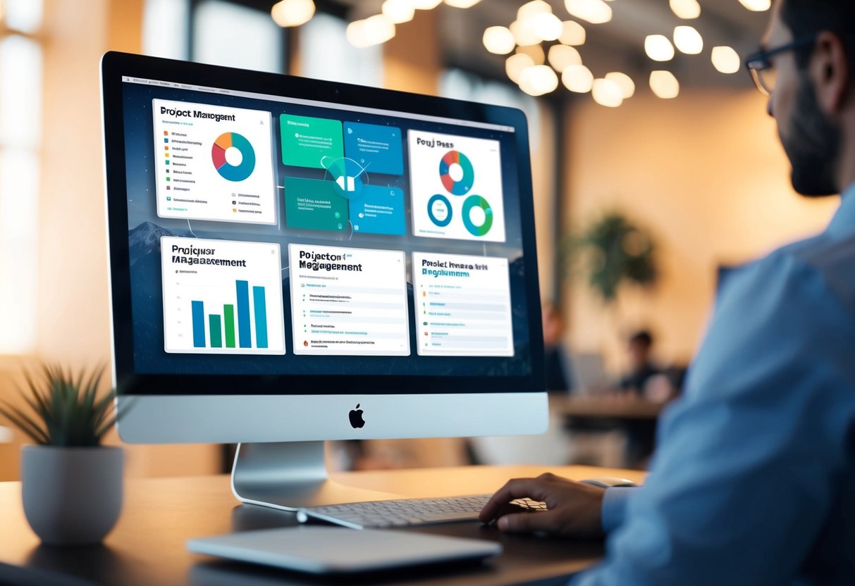 A Mac computer displaying project management tools with various functionalities and features