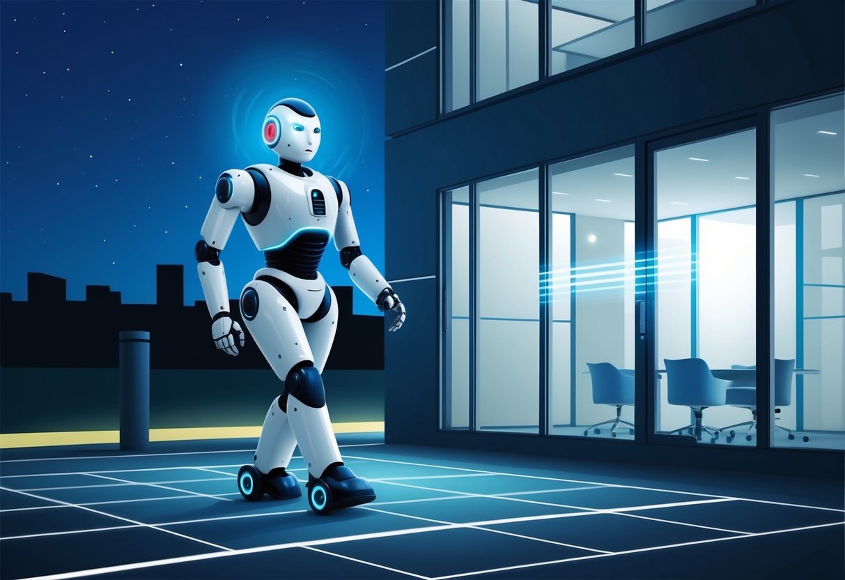 A robot security guard patrols a modern office building at night, scanning the premises with its glowing sensors and alert stance