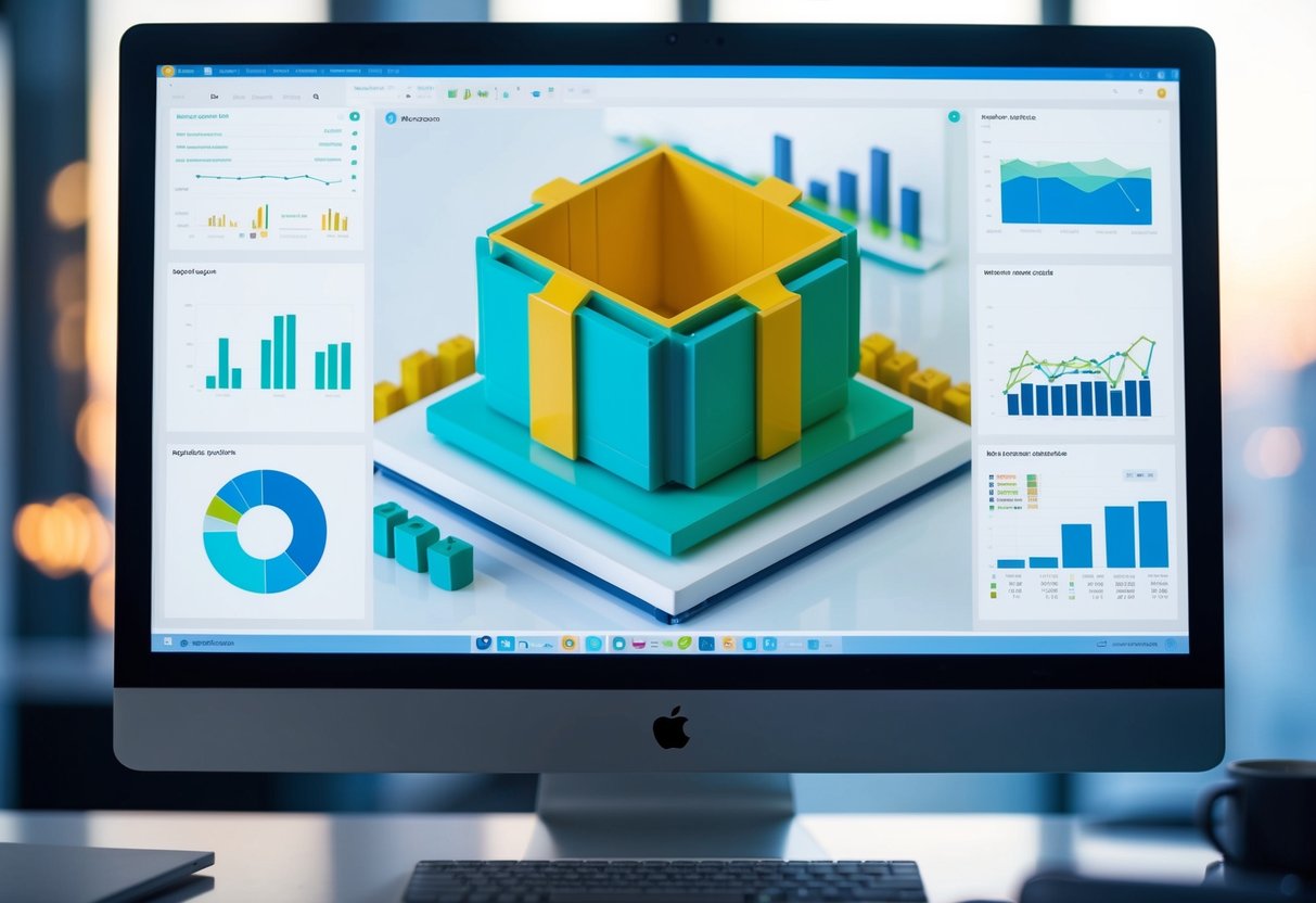 A computer screen displaying a digital model of a product, surrounded by charts and graphs, with PLM software interface visible