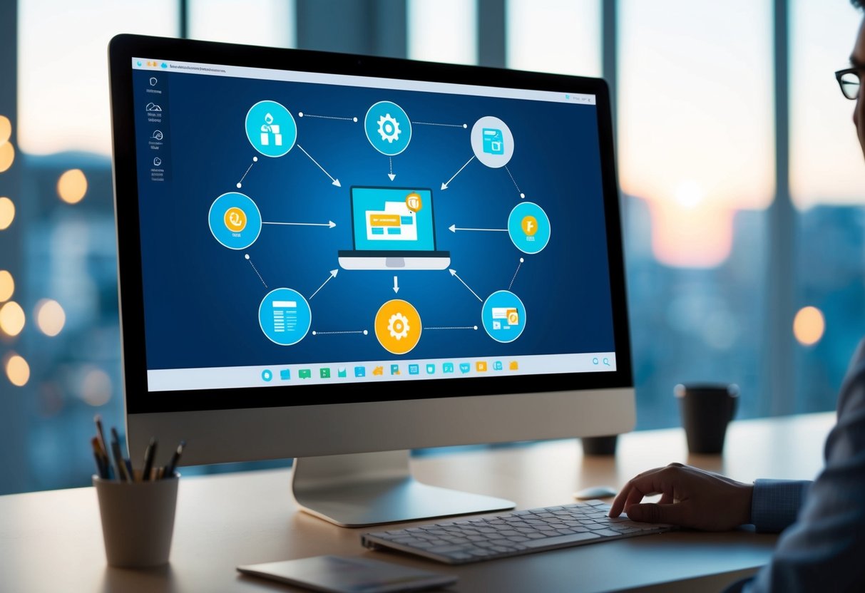 A computer screen displaying a user-friendly interface with various icons and tools for managing product lifecycle