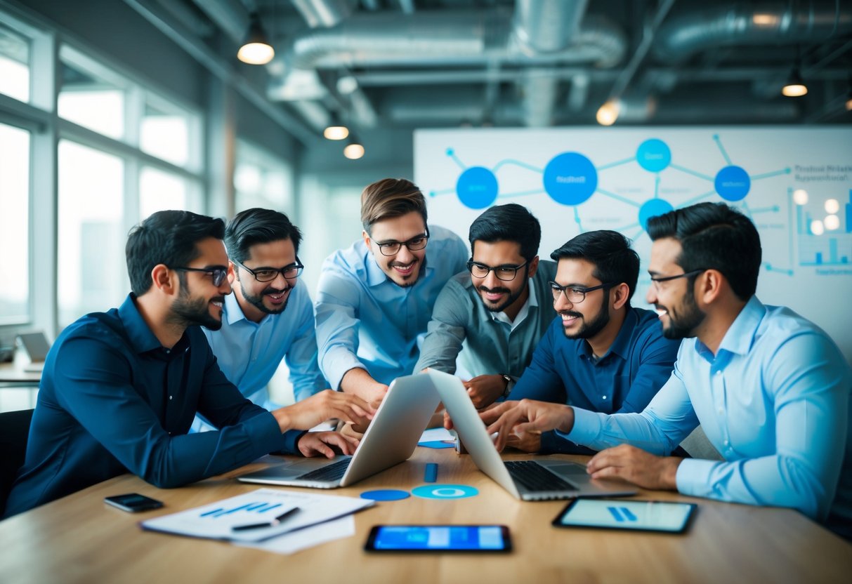 A team of engineers collaborating on a digital platform, brainstorming and prototyping new product features in a fast-paced, dynamic environment