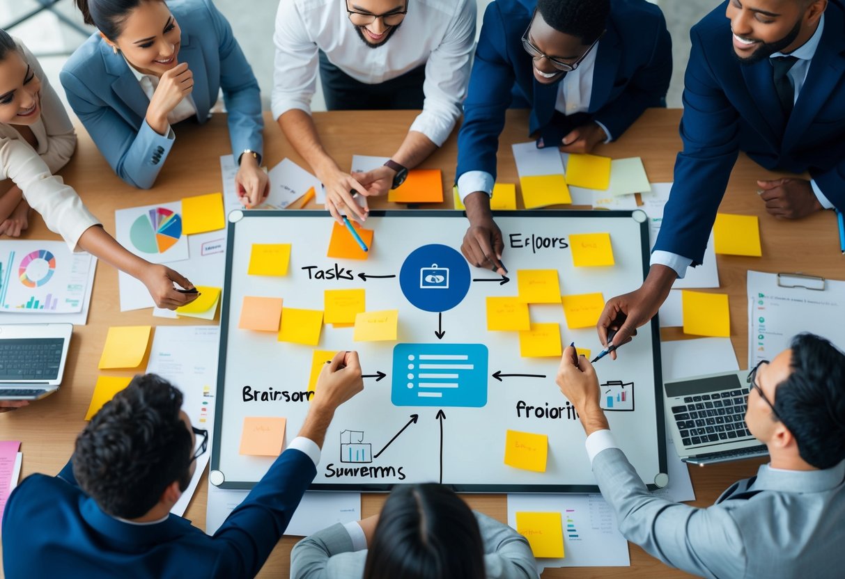 A team of diverse professionals collaborating on a digital platform, surrounded by sticky notes and whiteboards, brainstorming and prioritizing tasks for agile product development