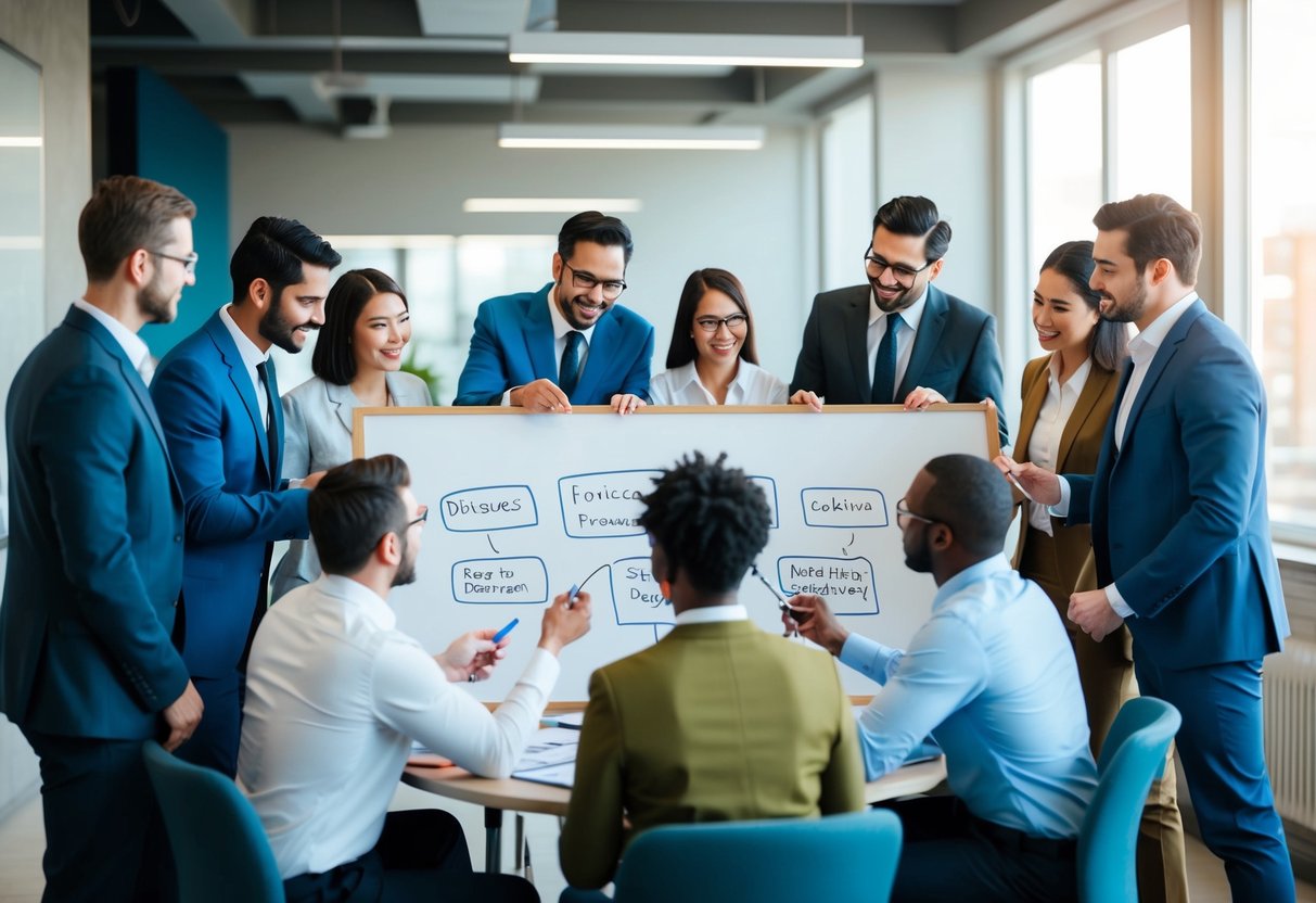 A diverse group of professionals collaborating around a whiteboard, sketching out ideas and discussing roles in agile product development