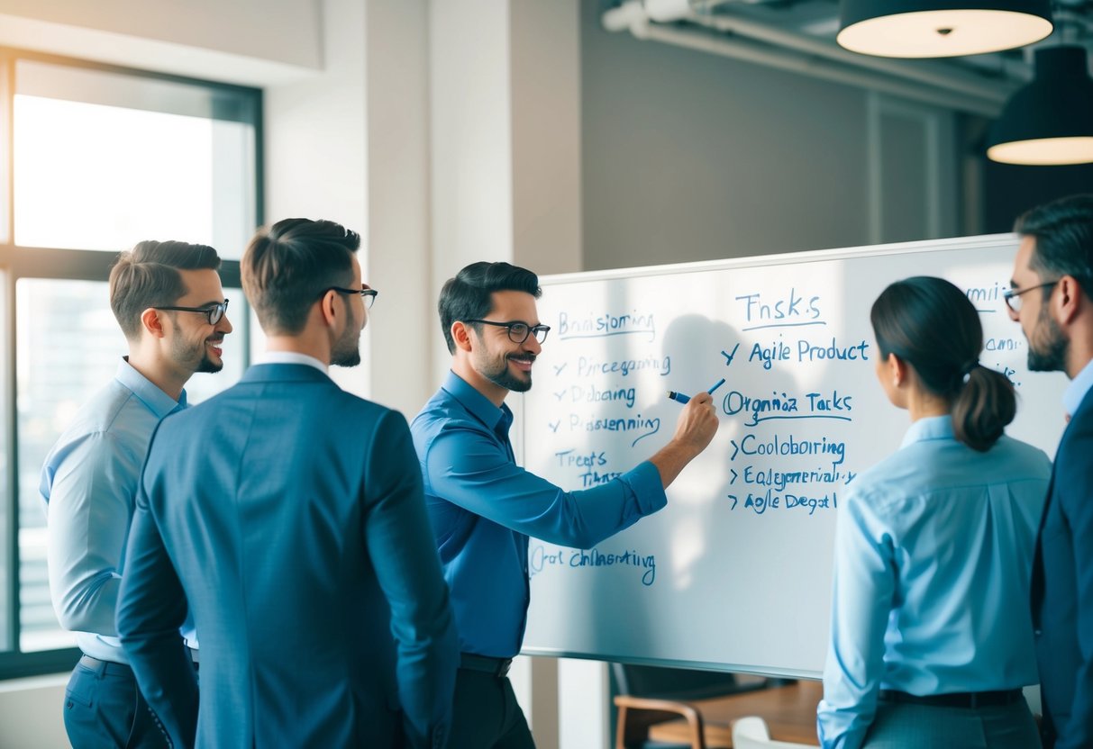 A team of professionals collaborating on a whiteboard, brainstorming and organizing tasks for agile product development