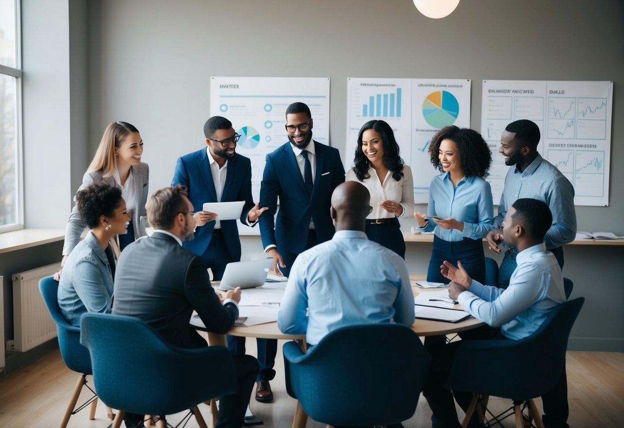 A group of diverse figures gather around a table, exchanging ideas and working together on a project, with charts and diagrams displayed on a wall