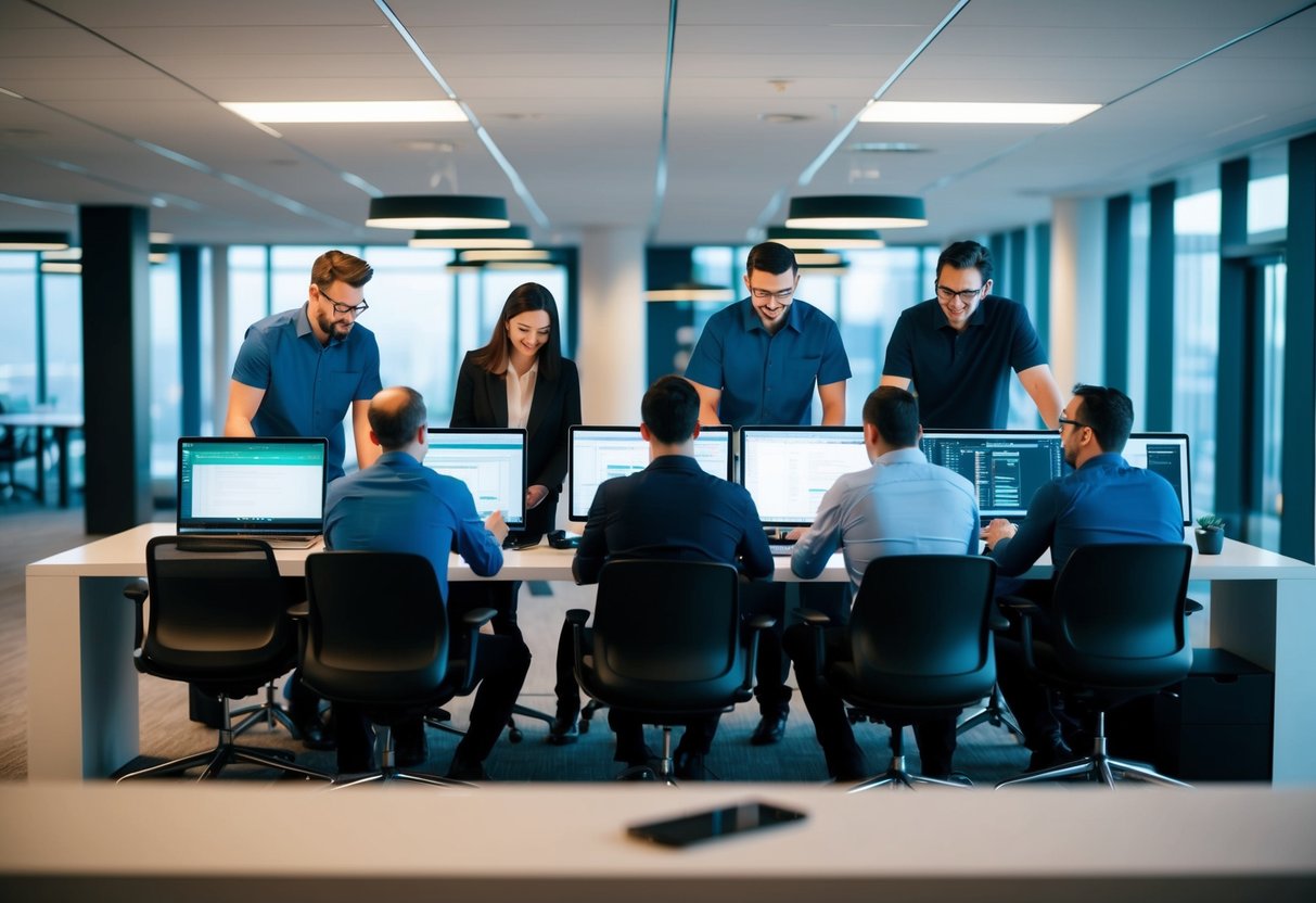 A team of engineers testing software on multiple devices in a modern, open-concept office