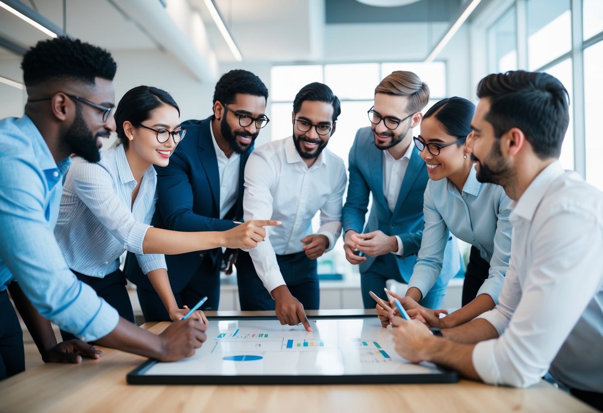 A group of diverse professionals collaborating around a whiteboard, brainstorming and strategizing for agile product development and marketing