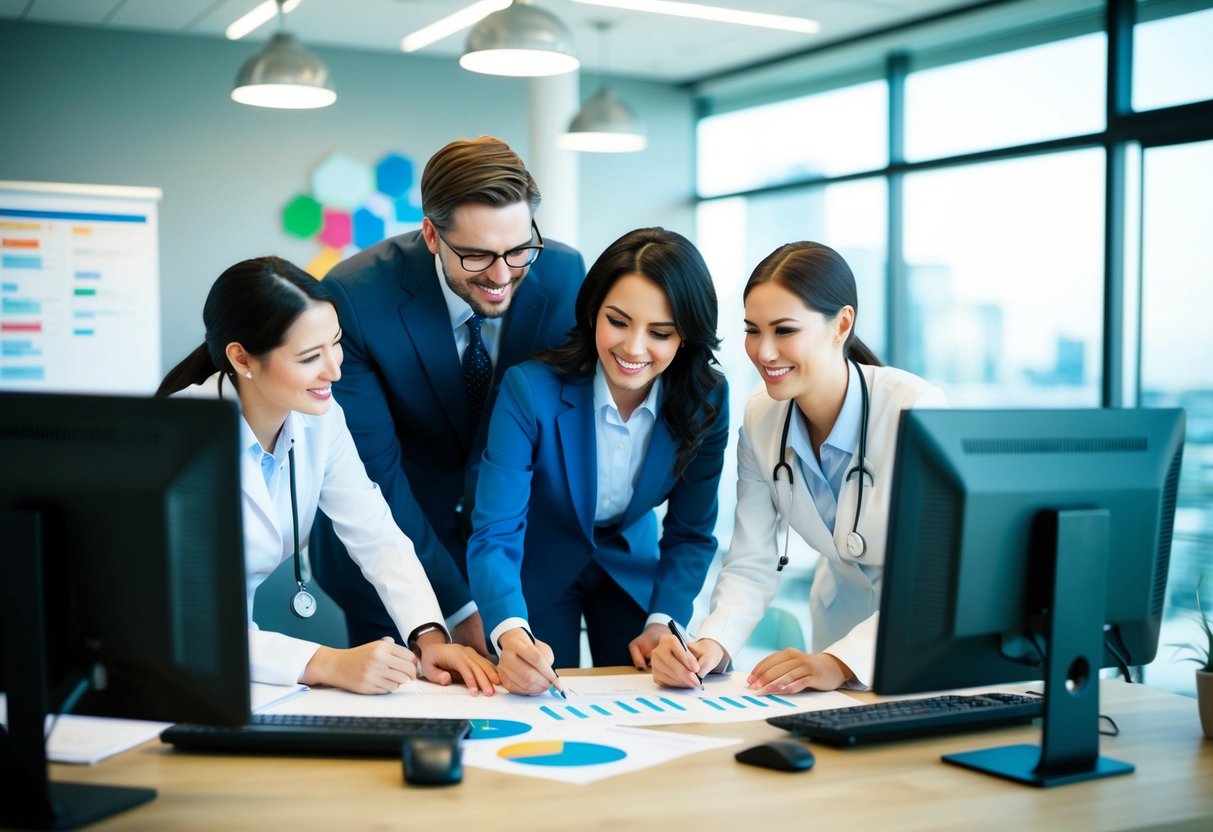 A team of professionals collaborate on healthcare project management in a modern office setting with computers and charts