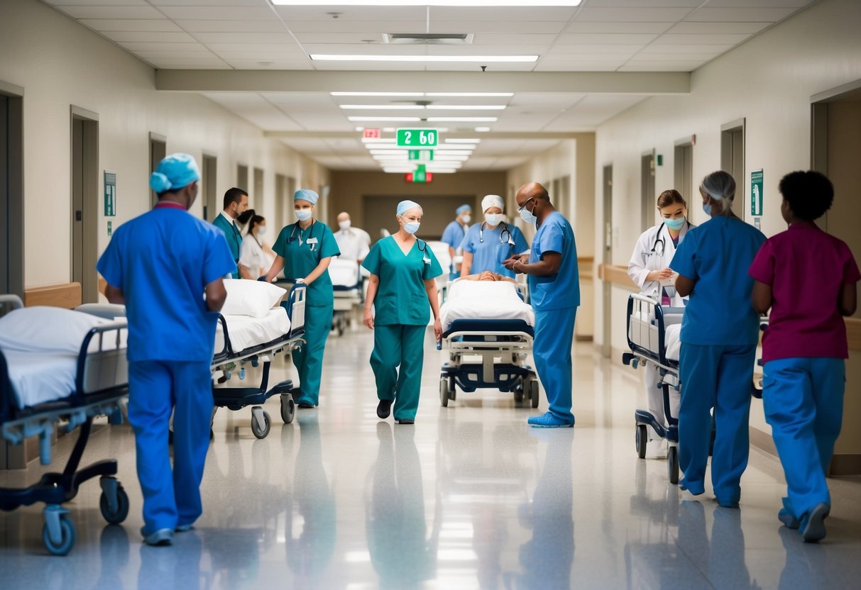 A busy hospital hallway with doctors and nurses consulting, patients being wheeled on gurneys, and administrators coordinating schedules