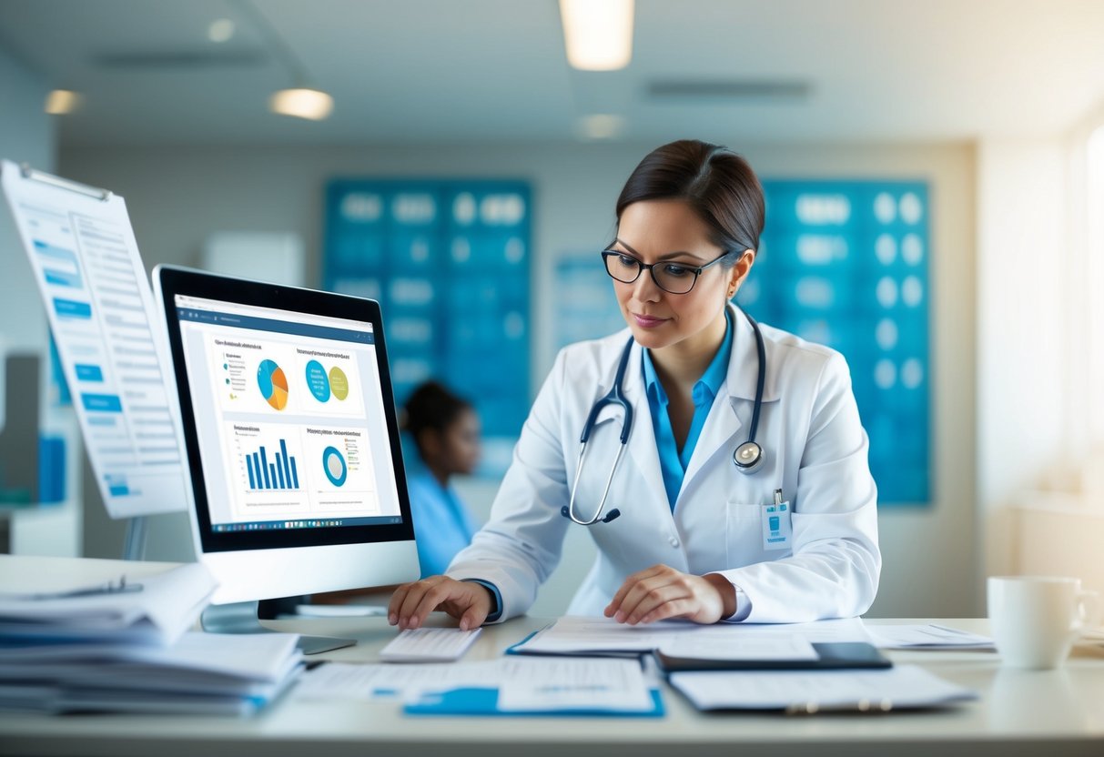 A hospital administrator reviewing project management methodologies on a computer, surrounded by medical charts and documents