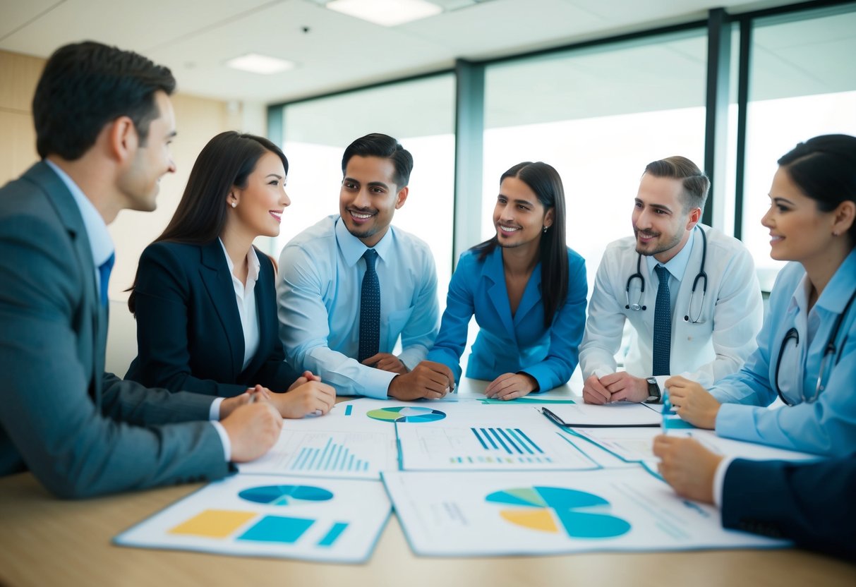 A team of professionals collaborating on a healthcare project, with charts and diagrams spread out on a conference table