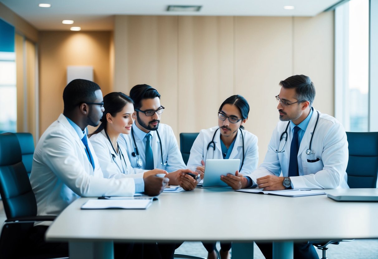 A team of healthcare professionals reviewing data and discussing strategies in a modern conference room