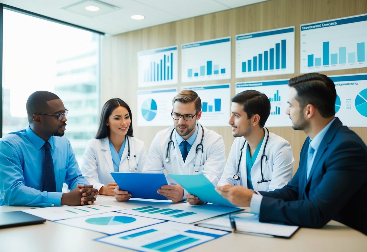 A diverse team of healthcare professionals review data charts and graphs, discussing project outcomes and success in a modern conference room