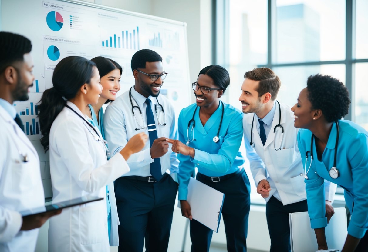 A team of healthcare professionals brainstorming and collaborating on a whiteboard, surrounded by charts and graphs, with a sense of determination and problem-solving energy in the air
