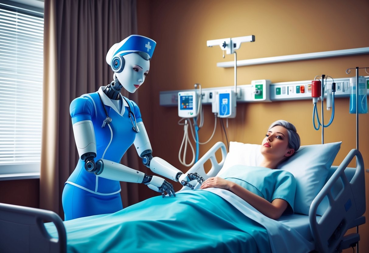 A robotic nurse tending to a patient in a hospital room