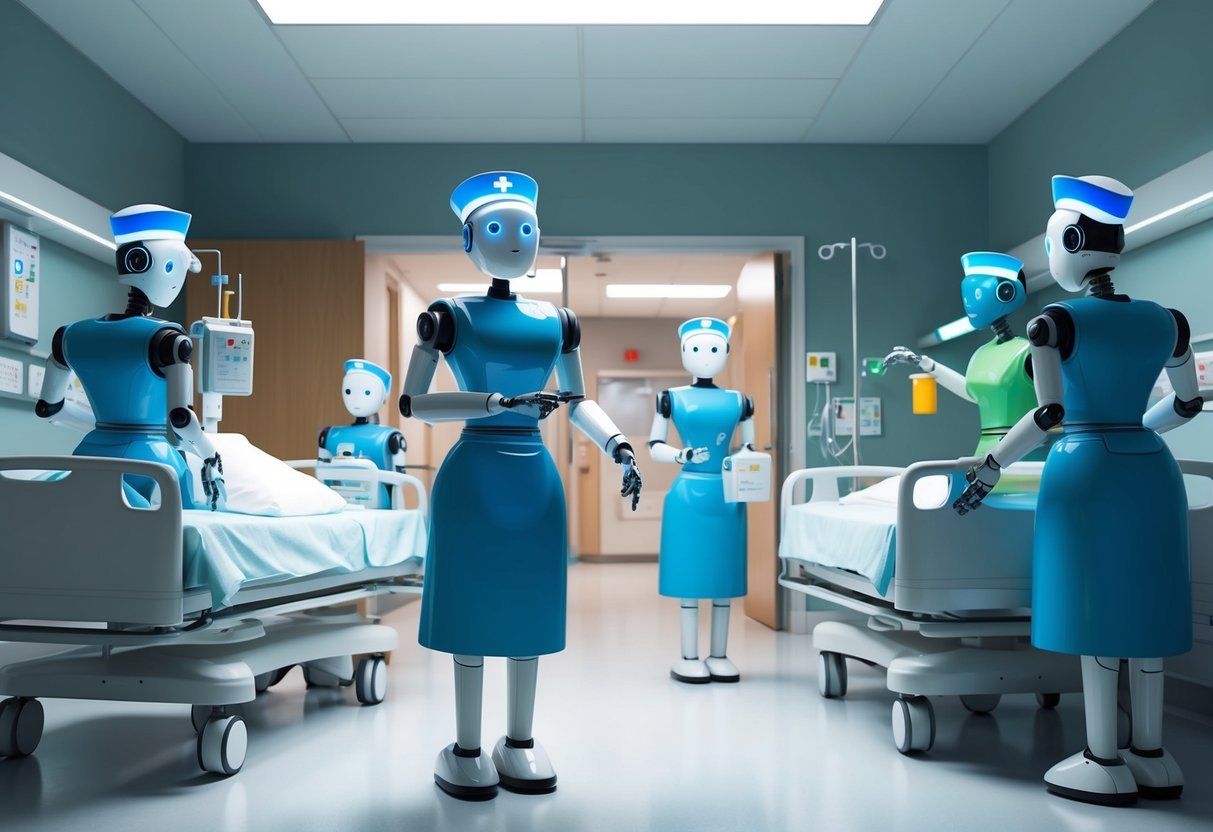 A group of robot nurses attending to patients in a hospital setting, performing tasks such as administering medication, checking vital signs, and assisting with mobility