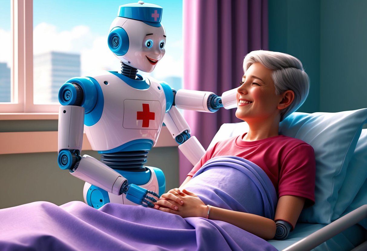 A robot nurse comforting a patient with a smile