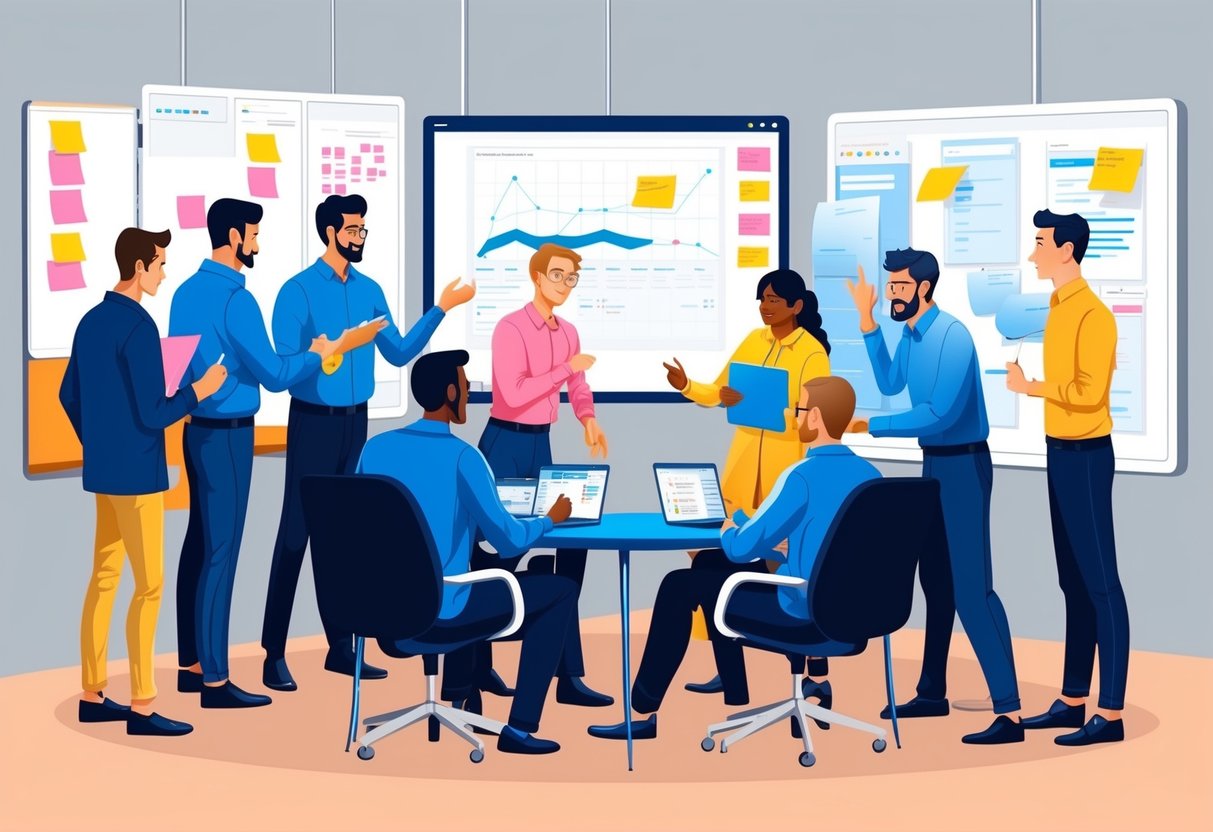 A group of agile coaches collaborating in a modern office setting, surrounded by whiteboards, sticky notes, and digital screens