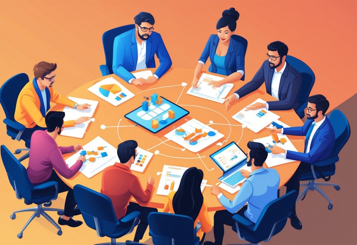 A group of agile coaches strategizing and problem-solving in a collaborative and dynamic environment