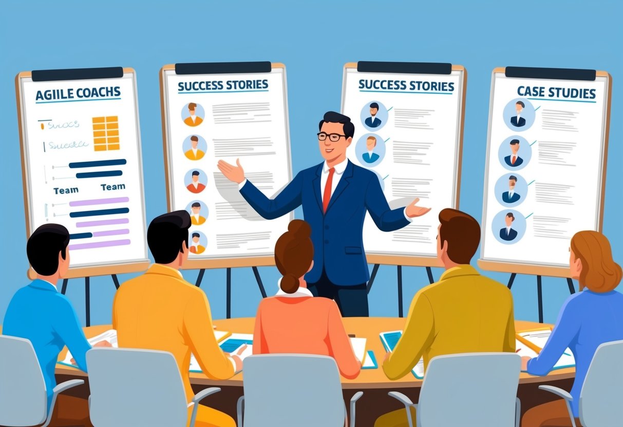 An agile coach leading a team meeting, surrounded by whiteboards filled with success stories and case studies