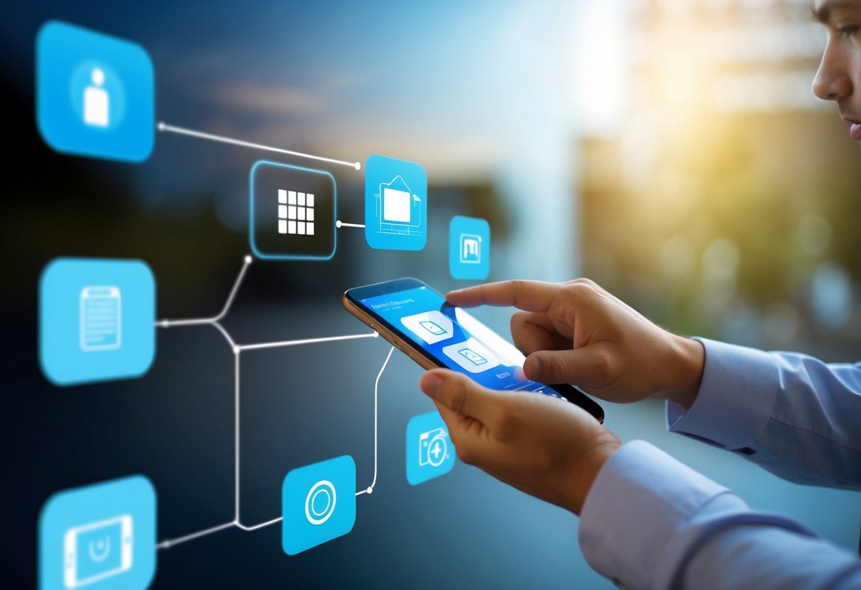 A person using a digital device to navigate through a series of screens, icons, and interactive elements as part of the user experience process