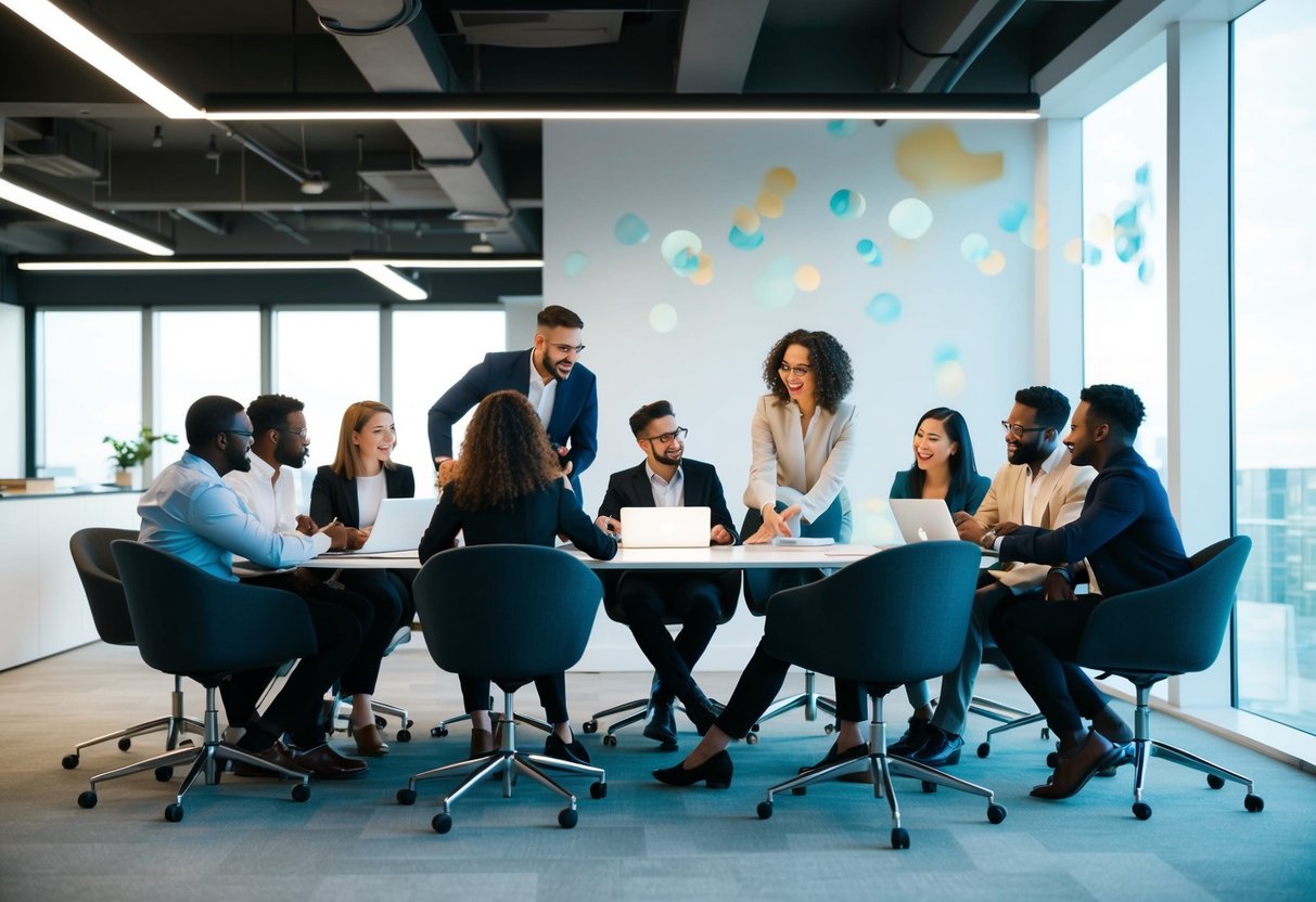 A group of diverse individuals engage in post-launch activities, collaborating and brainstorming in a modern, open-concept office space