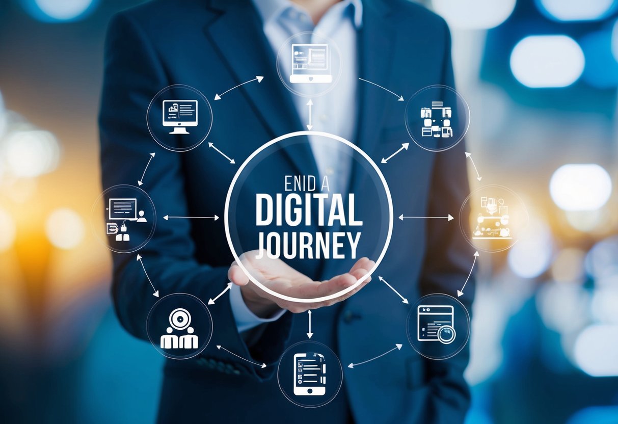 A user reaching the end of a digital journey, surrounded by icons representing various stages of the experience process